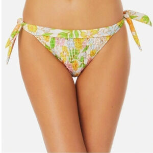 California Waves Juniors Smocked Side-Tie Bikini Bottoms,Yellow Multi,Large